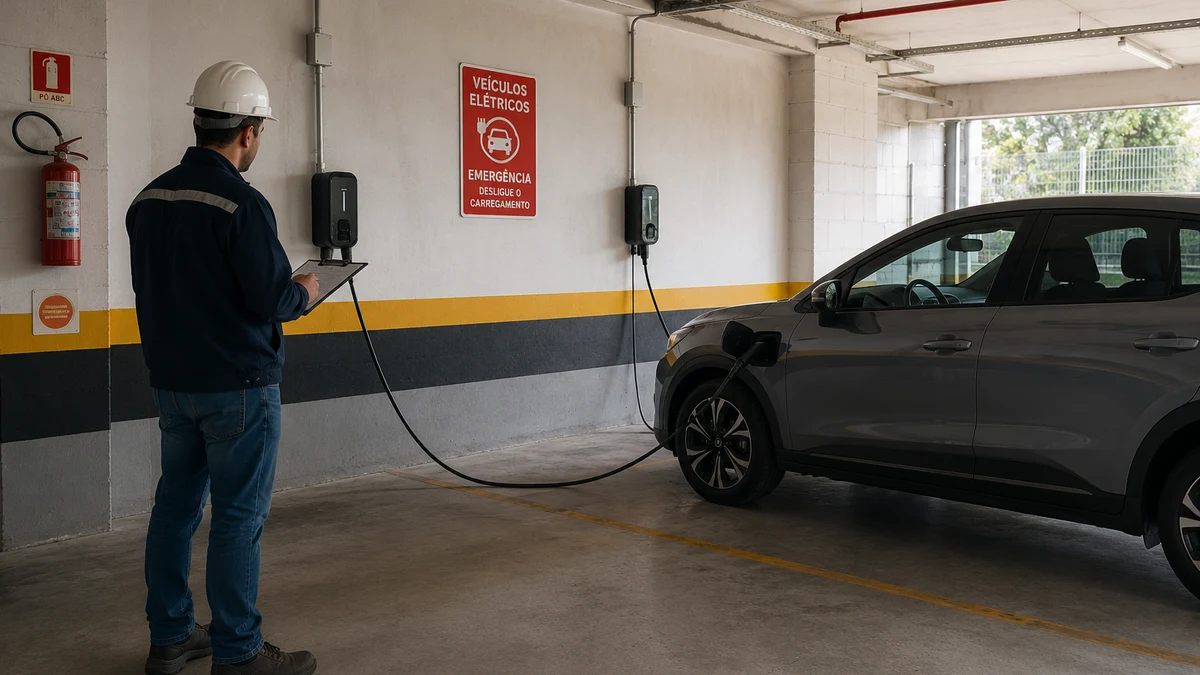 Estação de recarga de veículo elétrico regularizada conforme a IN 23 do Corpo de Bombeiros em Santa Catarina