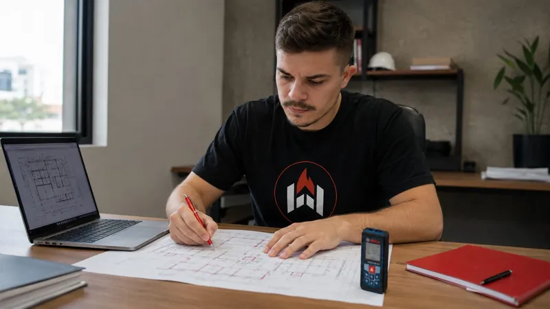 Engenheiro especializado analisando planta técnica de projeto PPCI em Jaraguá do Sul/SC