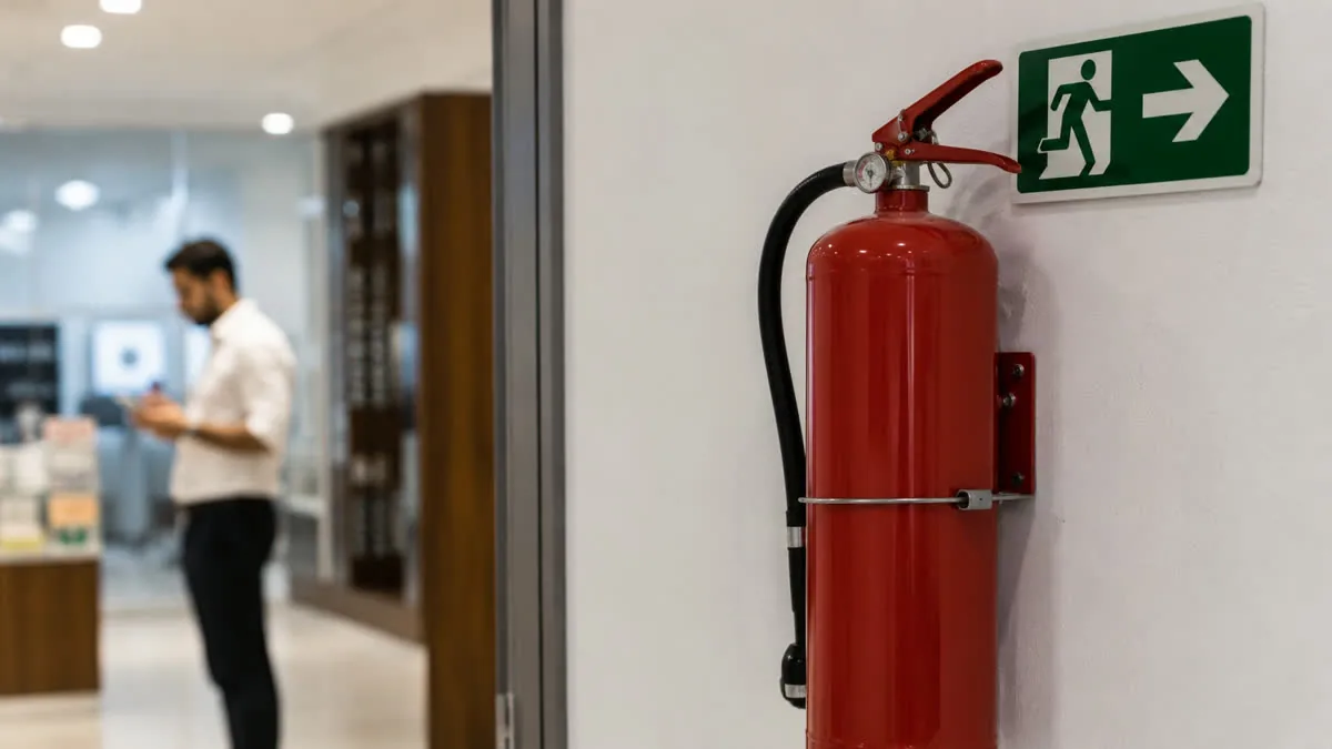 Extintor e placa de sinalização de emergência instalados em comércio para regularização junto ao Corpo de Bombeiros