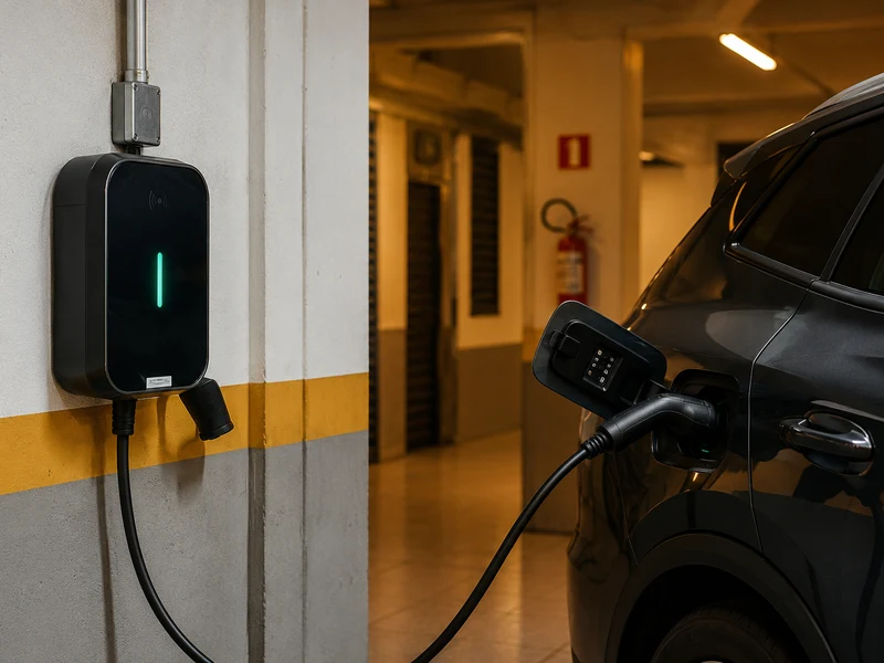 Estação de recarga (SAVE) para veículo elétrico instalada em garagem, conforme a IN 23 do Corpo de Bombeiros